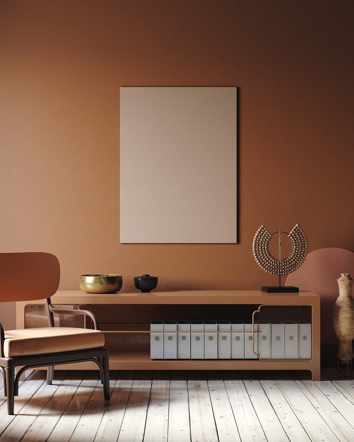 woonkamer aardse kleuren terracotta