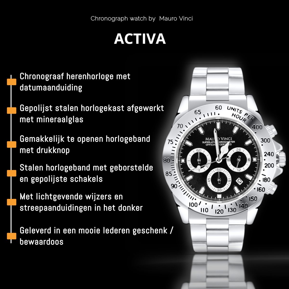 Horloge heren staal met zwarte wijzerplaat Mauro vinci